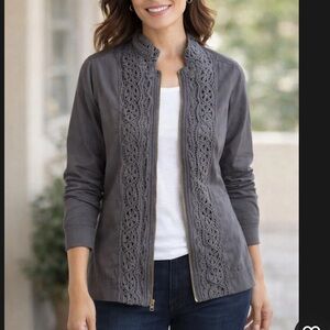 Soft Surroundings Charcoal Grey Lace Placket Zip Up Jacket